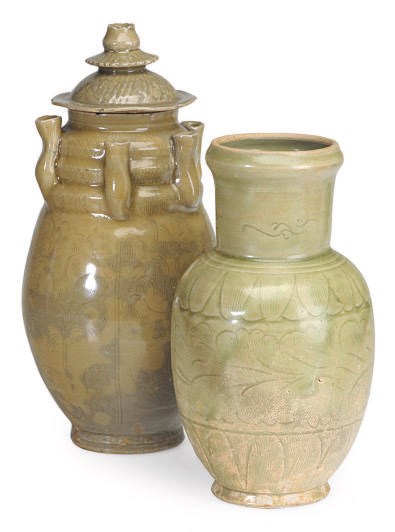 TWO CHINESE CELADON-GLAZED JARS,