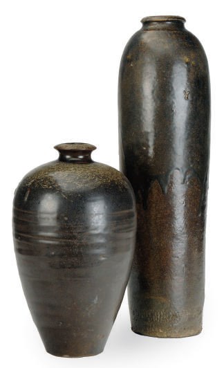 TWO CHINESE BROWN-GLAZED POTTERY JARS,