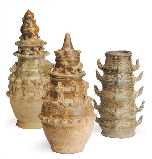 THREE CHINESE POTTERY FUNERARY JARS,