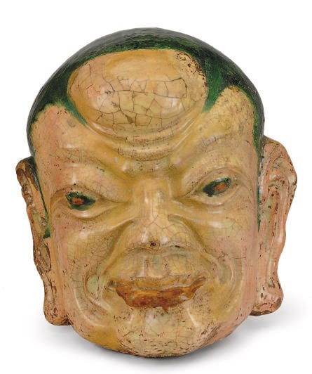 A MASSIVE CHINESE GLAZED CERAMIC HEAD OF A LUOHAN