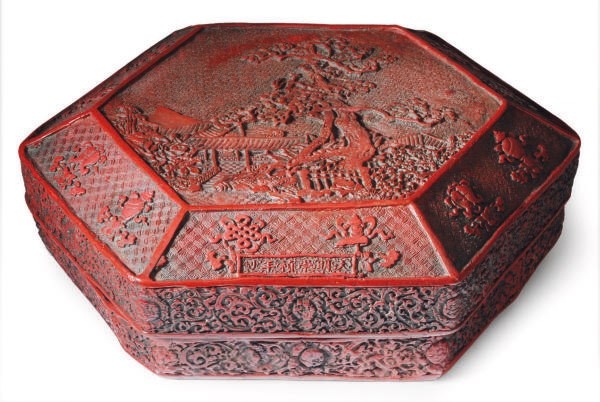 A CHINESE HEXAGONAL BOX AND COVER,
