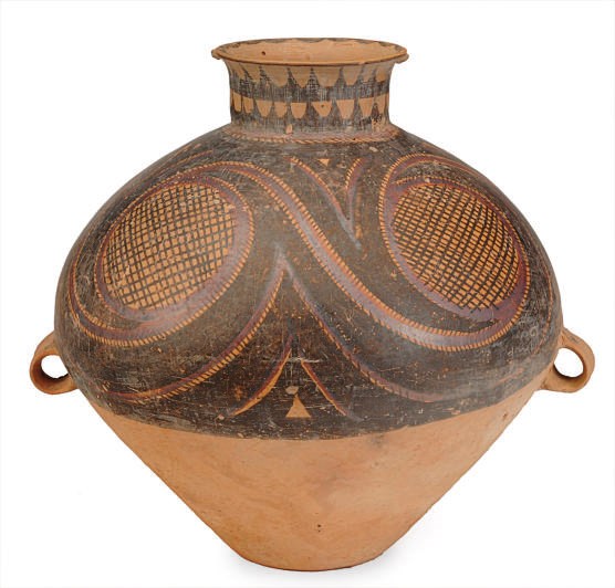 A CHINESE PAINTED POTTERY TWO-HANDLED JAR,