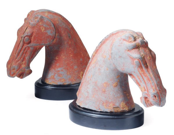 TWO CHINESE PAINTED POTTERY HORSE HEADS,