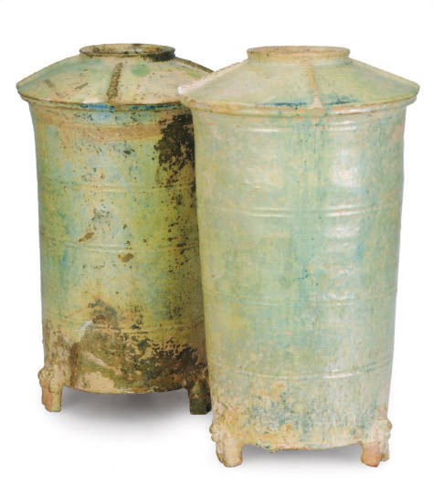 TWO SIMILAR CHINESE GREEN-GLAZED POTTERY MODELS OF GRANARIES,