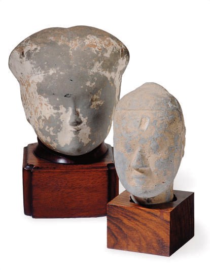 TWO CHINESE PAINTED POTTERY HEADS,