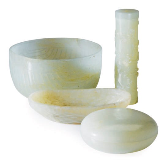 FOUR CHINESE PALE GREENISH-WHITE JADE CARVED VESSELS,