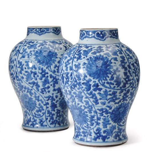 A PAIR OF CHINESE BLUE AND WHITE PORCELAIN BALUSTER VASES,