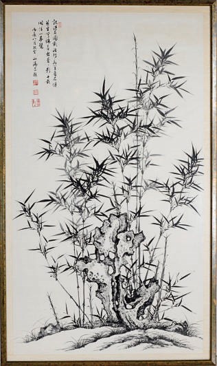 A CHINESE PAINTING OF BAMBOO AND A SCHOLAR'S ROCK,
