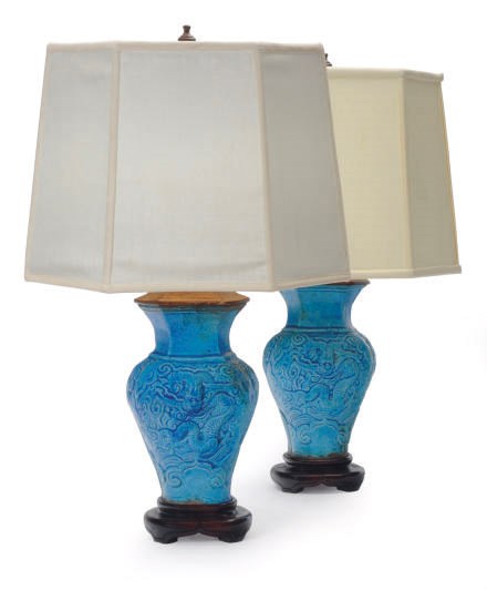 A PAIR OF CHINESE BLUE-GLAZED SMALL VASES MOUNTED AS LAMPS,