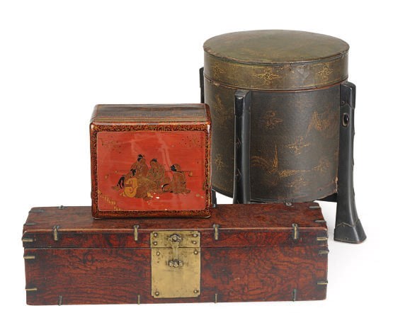 A KOREAN BRASS-MOUNTED WOOD DOCUMENT BOX AND TWO JAPANESE COVERED BOXES,