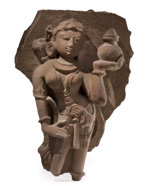AN INDIAN RED SANDSTONE RELIEF WITH A RIVER GODDESS,