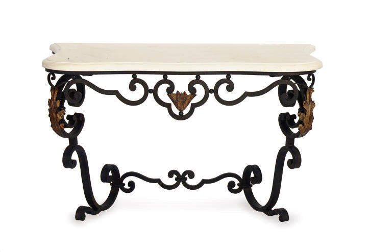 A PAIR OF WROUGHT-IRON AND STONE CONSOLE TABLES,