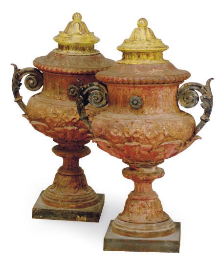 A PAIR OF FRENCH POLYCHROME-PAINTED CAST-IRON GARDEN URNS,