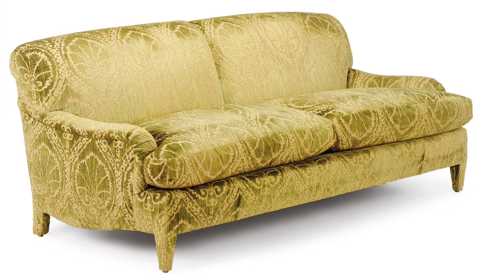 A GREEN CUT-VELVET UPHOLSTERED TWO-SEAT SOFA,