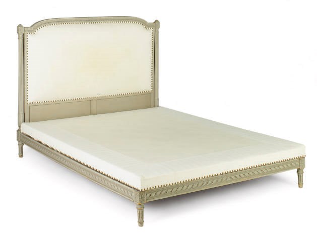 A FRENCH GREY-PAINTED AND UPHOLSTERED BED,