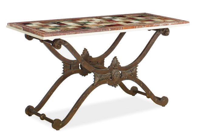 A PATINATED METAL AND PIETRA DURA TOP SIDE TABLE,