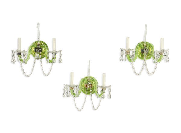 A SET OF FIVE GREEN AND CUT GLASS TWO-LIGHT WALL-LIGHTS,