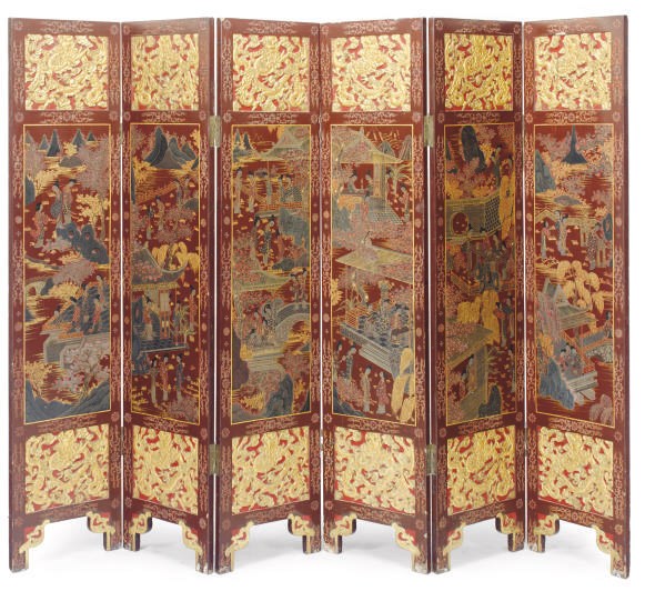 A CHINESE GILT AND POLYCHROME-DECORATED BROWN LACQUER SIX-PANEL FLOOR SCREEN,