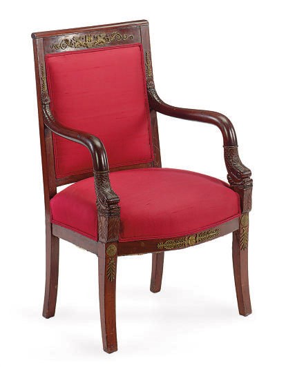 AN EMPIRE GILT-BRONZE MOUNTED MAHOGANY ARMCHAIR,