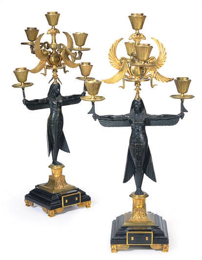 A PAIR OF FRENCH ORMOLU AND PATINATED BRONZE FIGURAL FIVE-LIGHT CANDELABRA,