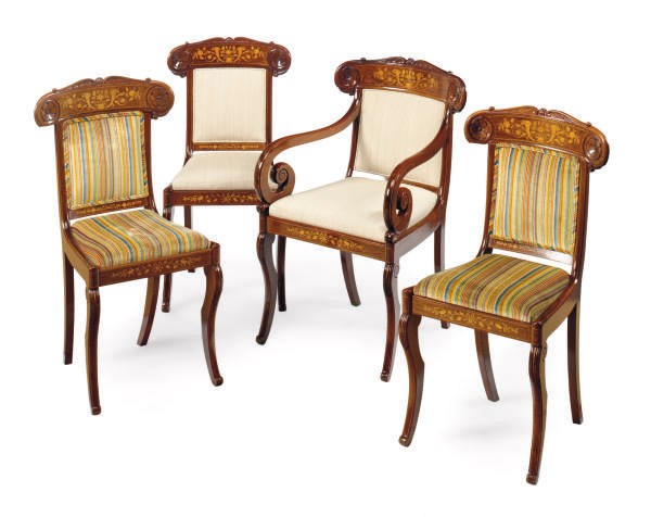 A SET OF TWELVE LOUIS PHILIPPE ROSEWOOD MARQUETRY DINING CHAIRS,