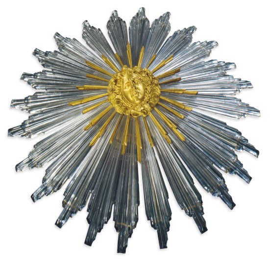 A FRENCH ORMOLU AND GLASS TWENTY-NINE LIGHT PLAFFONIER-FORM CHANDELIER,