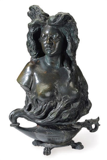 AN AMERICAN GREEN-PATINATED BRONZE BUST OF A FEMALE,