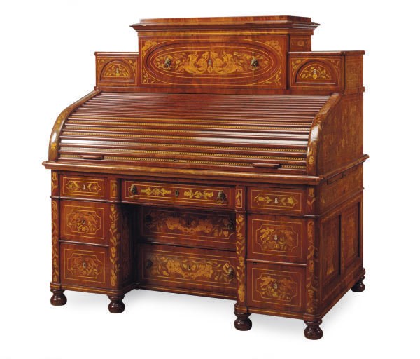 A NORTH EUROPEAN FLORAL MARQUETRY CYLINDER DESK,