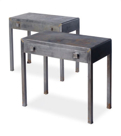A PAIR OF GREY-PAINTED METAL SIDE TABLES,