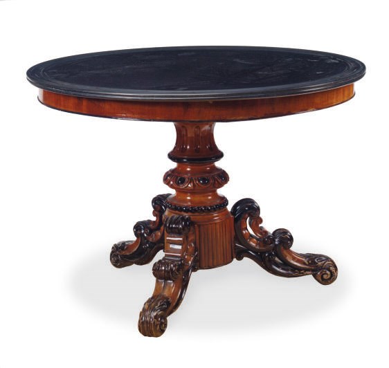 A FRUITWOOD AND EBONIZED SLATE TOP CENTER TABLE,
