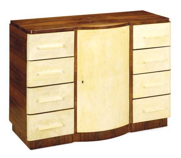 AN ART DECO WALNUT AND PARCHMENT SIDE CABINET,