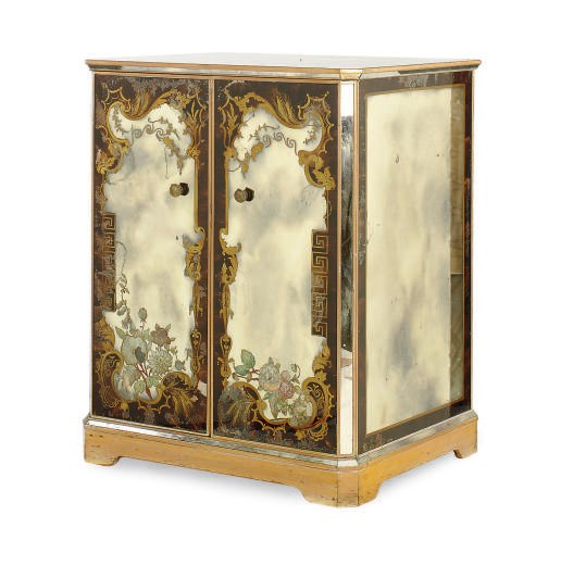 AN EGLOMISE DRY BAR CABINET,