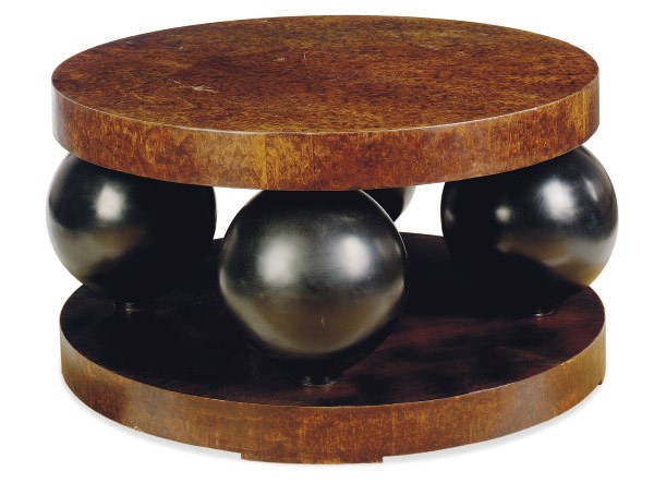 A SIMULATED BURL WOOD AND EBONIZED TWO-TIER COFFEE TABLE,
