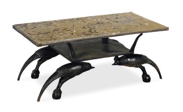 A PATINATED BRONZE FIGURAL LOW TABLE,