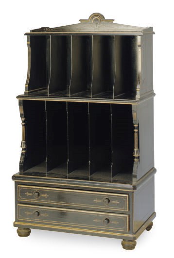 A VICTORIAN EBONIZED AND PARCEL-GILT FOLIO BOOKCASE,