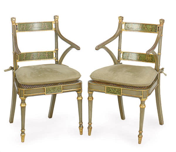 A SET OF SIX LATE GEORGE III GREY-PAINTED, GRISAILLE-DECORATED AND PARCEL-GILT OPEN ARMCHAIRS,