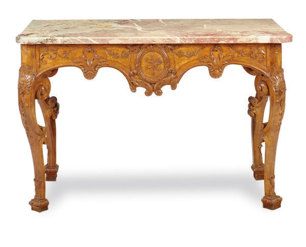 A FRENCH PROVINCIAL FRUITWOOD AND MARBLE CONSOLE TABLE,