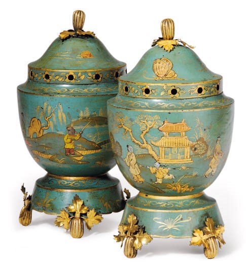 A PAIR OF GREEN TOLE-PEINTE TABLE-TOP URNS WITH COVERS,