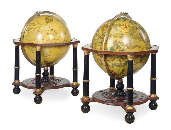 A PAIR OF FACSIMILE LIBRARY GLOBES,