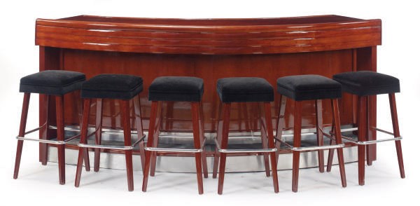 A MAHOGANY BAR TOGETHER WITH SIX STOOLS,