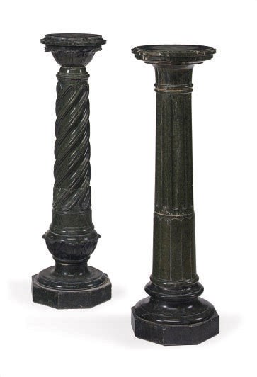 A GROUP OF FIVE GREEN MARBLE PEDESTALS,