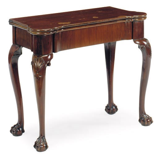 A GEORGE II MAHOGANY FOLD-TOP GAMES TABLE,