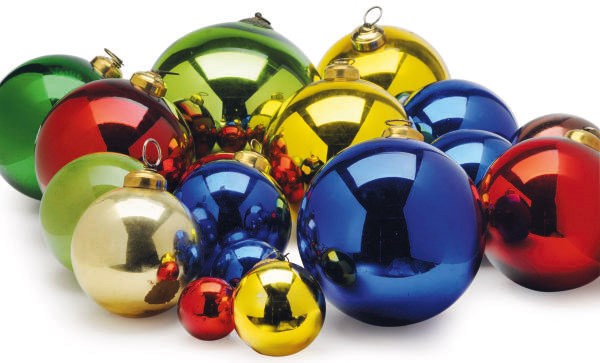 A LARGE GROUP OF COLORED MERCURY GLASS ORNAMENTS,