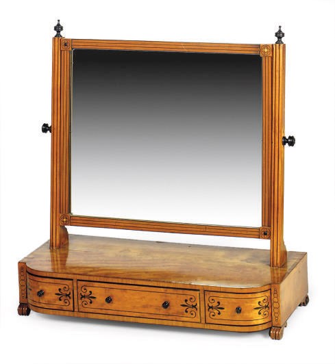 A REGENCY SATINWOOD AND EBONY INLAID DRESSING TABLE MIRROR,