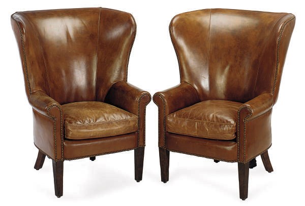 A PAIR OF BROWN LEATHER WINGBACK ARMCHAIRS,