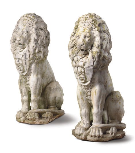 A PAIR OF COMPOSITION LION FORM FOUNTAIN FIGURES,