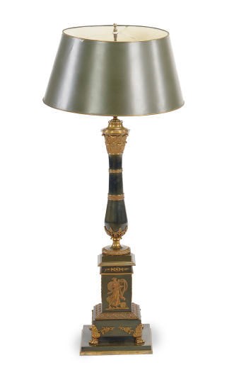 A FRENCH GREEN PATINATED AND GILT-BRONZE LAMP,