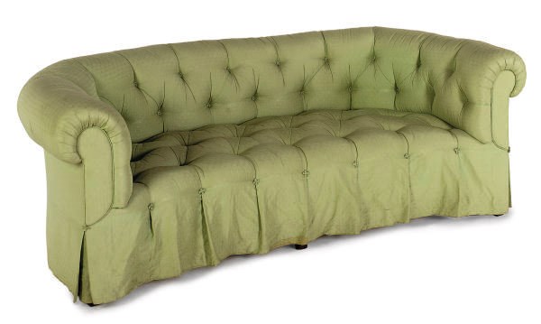 A GREEN SILK UPHOLSTERED SOFA,