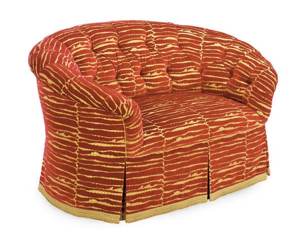 A RED CUT-VELVET UPHOLSTERED LOVE SEAT,