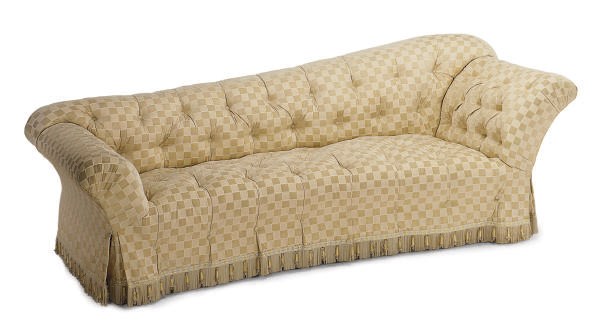 A CREAM CHECKERED-VELVET UPHOLSTERED SOFA,